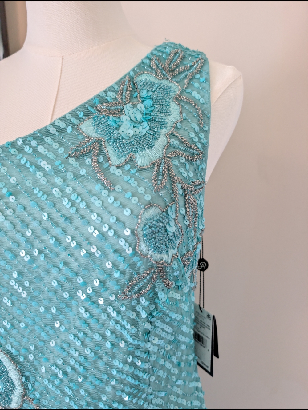 NWT Adrianna Papell Aqua Floral Sequin One Shoulder Gown 8 - Picture 6 of 9